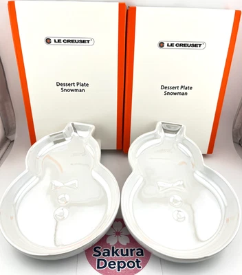 Le Creuset Snowman Dessert Plate Dish Set of 2 White Lustre Christmas Holiday JP - Image 1 of 4