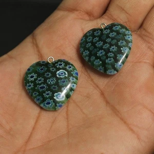 25 MM Millefiori Dark Green Heart Pendant - Picture 1 of 7