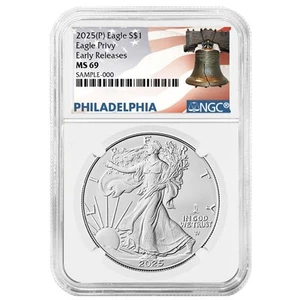 2025 (P) $1 American Silver Eagle First Eagle Privy NGC MS69 ER Liberty Bell ... - Picture 1 of 3