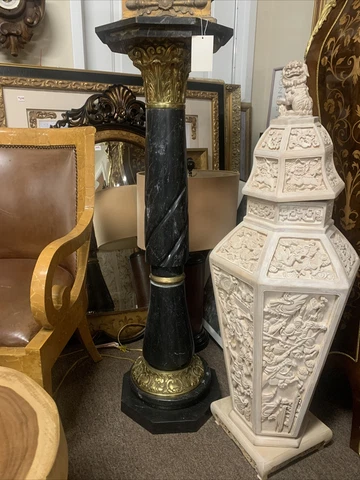 Incredible Black Marble column Pedestal with gold gilt detail Cover