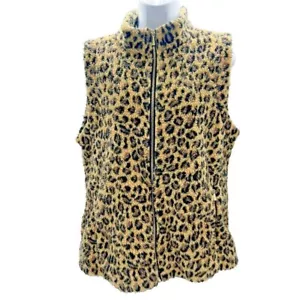 CALVIN KLEIN Faux Fur Leopard Animal Print Vest Zip Front Pockets Maximalist - Picture 1 of 9