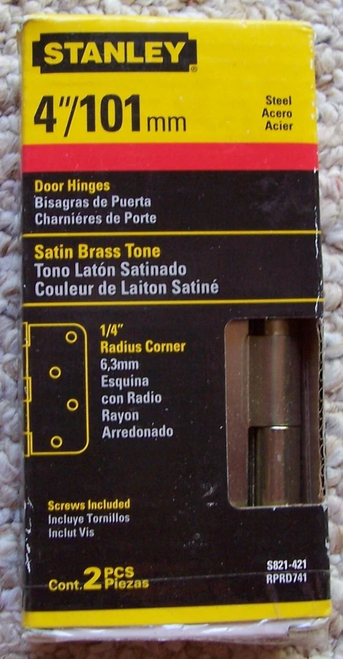 2 Stanley 4 Hinges 1/4" Radius Corners With Screws Satin Brass Tone