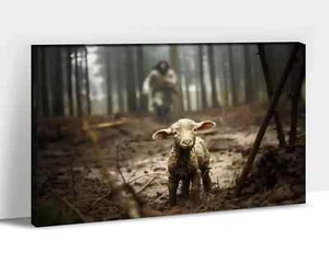 Jesus & Lamb Canvas Wall Art, Jesus Running After Lost Lamb Picture Canvas Pr... - Picture 1 of 7