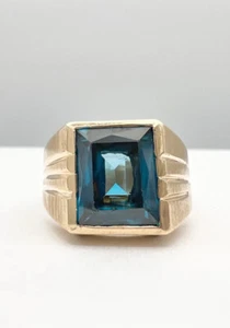 Designer 10K Yellow Gold Aqua Blue Synthetic Spinel Stone Men's Ring 10.6g - Picture 1 of 8