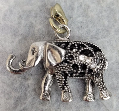 Marcasite Elephant Charm Pendant Metal Silver Tone with Rhinestones 1" wide - Image 1 of 3