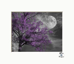 Purple Wall Art,Tree Moon,Purple Gray Bedroom Matted Wall Art Picture (Handmade) - Picture 1 of 4