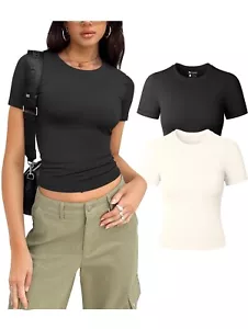 OQQ Basic Tops Size Large 2 Piece Crew Neck Short Sleeve Fitted Slimming Shirts - Picture 1 of 7