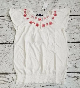 GAP KIDS Large 10 Girls Cream Red Floral Embroidered Lace Short Sleeve Top NEW - Picture 1 of 3