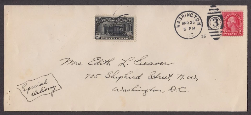 1925 Special Delivery 20c black Sc E14 FDC without cachet Washington DC SCV $175 - Image 1 of 1