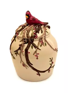 Blue Sky Cookie Jar Ceramic Red Cardinal Branches Holly Berries Snow 9.5" - Picture 1 of 18