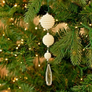 8" Crystal Rhinestone Beaded Pearls Jeweled Hanging Teardrop Prism Ornament - Picture 1 of 10