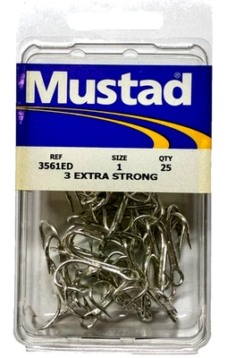 Mustad 3561ED Size 1 Treble Hook 3X Extra Strong 25 Count Package - Image 1 of 4
