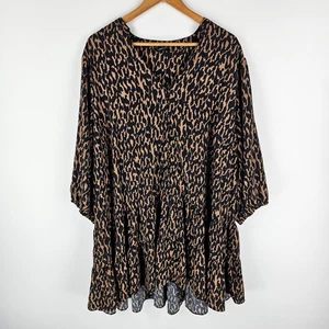 City Chic Dress Womens XL Animal Print Button Up Tiered Hem 3/4 Sleeve V Neck - Picture 1 of 7