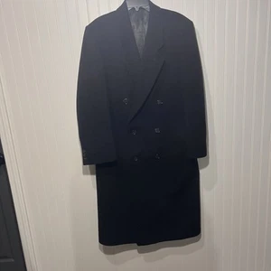 Vintage Men’s Long Wool Cashmere Overcoat Black England Double Breasted - Picture 1 of 13