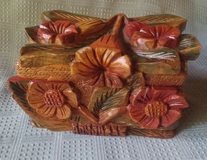 Honduras Handcarved Wooden 3D Floral Box 5" L × 7" W Hinged Lid Jewelry Trinket - Picture 1 of 14