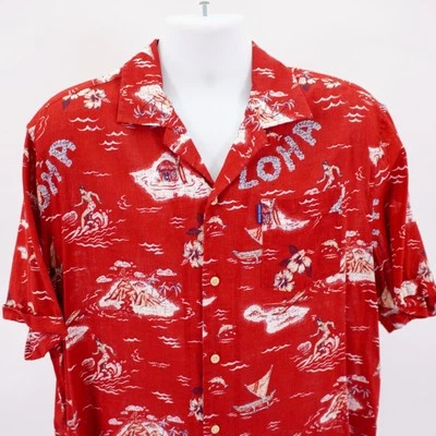 Penguin Red Aloha Beach Floral Hawaiian Dress Shirt Short Rolled Tab XL Cotton - Image 1 of 4