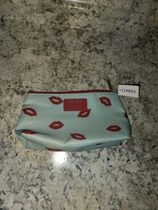 Clinique x Kate Spade Cosmetics Makeup Travel Bag Aqua & Red Lips Print NWT New - Picture 1 of 3