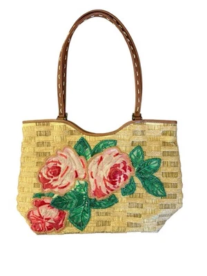 Isabella Fiore Handbag Beaded Roses Leather Handles Straw Print Fabric Boho - Image 1 of 4