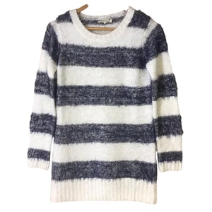 Hem & Thread blue white striped fuzzy sweater long cozy eyelash WOMENS SMALL - Picture 1 of 6