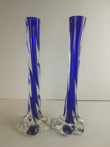 Jarrón alto delgado de vidrio artístico azul cobalto copo de nieve torre x 2 bloon de mano retro - Imagen 1 de 8