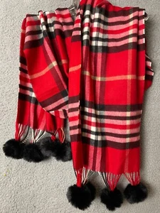 Fraas Scarf Womens Shawl Red Plaid Black Pom Poms Neck Wrap Winter - Picture 1 of 9