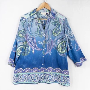 Chico's Shirt Womens Sz 1 US Medium Ombre Blue Paisley Silver Stripe Button Up - Picture 1 of 9