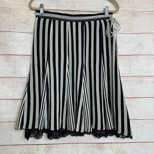 DKNY City Black Cream Striped Silk Lace Midi Godet Drape Circle Skirt Women's 8 - Picture 1 of 12