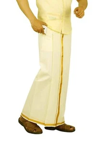 Mens Cotton Dhoti Welcro Pocket Sarong Lungi Indian Dhotis With Jari Border - Picture 1 of 48