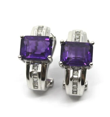 Amethyst & Diamond Huggie Earrings in 14k Solid White Gold Omega Back - Image 1 of 4