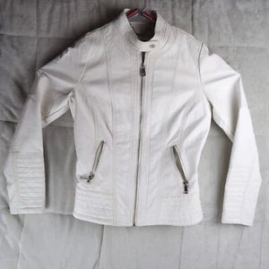 Vegan Leather White Jacket Hooded Sweatshirt Biker Jacket Coalition LA Small - Picture 1 of 12