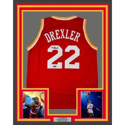 Framed Facsimile Autographed Clyde Drexler 33x42 Red Reprint Laser Auto Jersey Cover