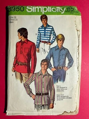 70’s Vintage Men’s Shirt Sewing Pattern Simplicity 8950 Chest 38 UNCUT - Image 1 of 2