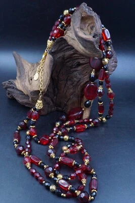 Vintage ROBERT ROSE Red Beaded Necklace Three Strand, Gold Tone (18" 26'' 30'' ) - Image 1 of 4