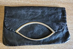 VINTAGE BLACK FAUX LEATHER FOLD OVER CLUTCH BAG - Picture 1 of 5