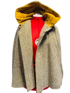 Vintage 100% Wool Tweed Handwoven Cape Shawl Jacket 70s w/Hood Old Money Brown - Picture 1 of 12