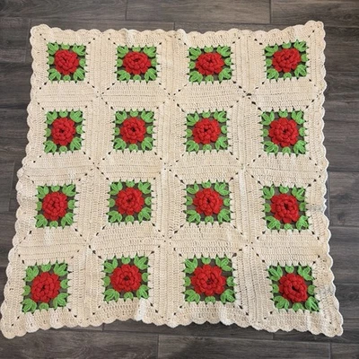 "Manta floral vintage 3D rosa abuela cuadrada ganchillo afgano blanco rojo 46x46""" Foto 1 de 3