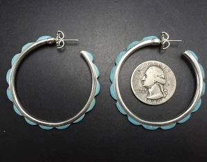 FEDERICO JIMENEZ Sterling Silver BLUE TURQUOISE OUTSIDE INLAY  2" HOOP EARRINGS - Picture 1 of 12
