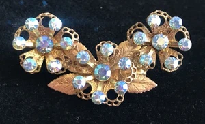Vintage Brooch Floral Golden Leaf Design Iridescent Aurora Borealis Stones - Picture 1 of 5