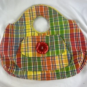 Handmade Fabric Tote Purse Reversible Plaid Or Yellow Button Accent No Closure - Picture 1 of 11
