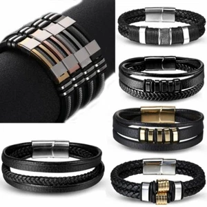 Fashion Mens Leather Braided Wristband Bracelet Stainless Steel Titanium Clasp - Picture 1 of 66