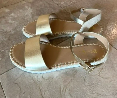 Sandalias alpargata Rouge oro helio punta abierta correa al tobillo zapatos mujer talla 11 Foto 1 de 4