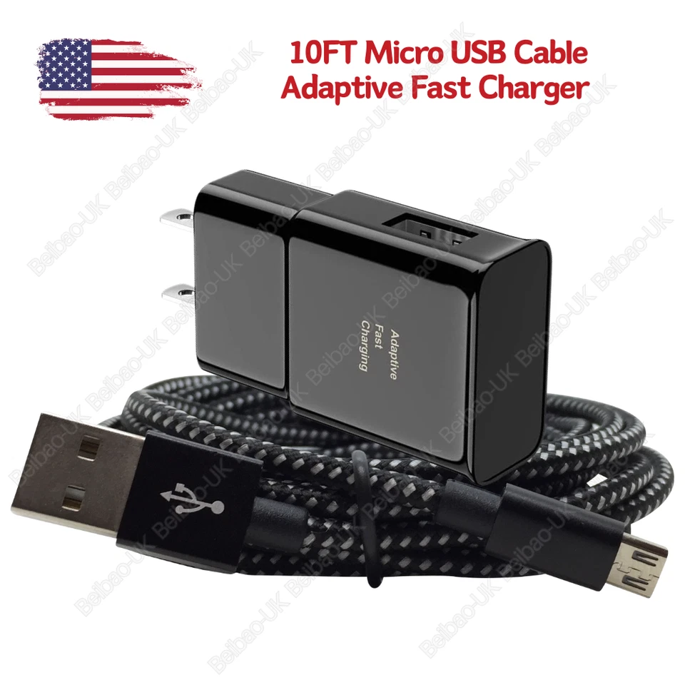 For Samsung Galaxy S6 S7 edge Android LG Fast Wall Charger 10FT Micro USB Cable - Image 1 of 4
