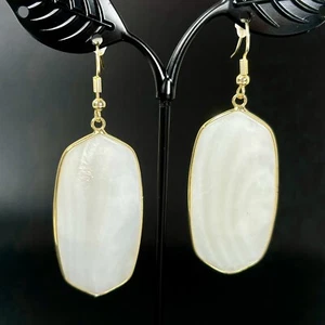 White Pearlescent Marbled Glass Earrings Long Hexagon Gold Tone Rim 2.5" - Picture 1 of 15