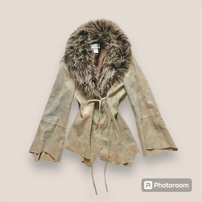 👢🍸 Винтажный y2k металлический замшевый пенни переулок мех отделки куртка размер 8 средний - Изображение 1 из 4