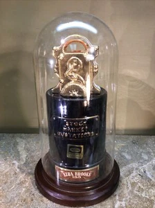 Vintage 1970 Ezra Brooks Stock Quotations Whiskey Decanter GLASS Dome Wood Base - Picture 1 of 7