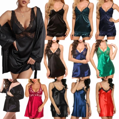 Sexy Lingerie Women Satin Sleepwear Kimono Robe Babydoll Nightgown Dress Chemise - Image 1 of 4