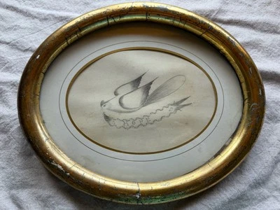 Antique Early Bird Calligraphy HOPE Gold Frame Primitive Country Folk Art - Image 1 of 4