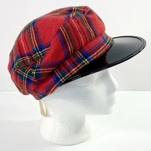 Vintage NOS Red Plaid Newsboy Cabbie Hat With Patent Brim 70’s-80’s - Picture 1 of 6