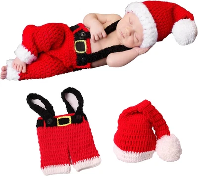Adereços para fotografia de bebê boné de Natal recém-nascido crochê roupas de Papai Noel Baby Fi - Imagem 1 de 4
