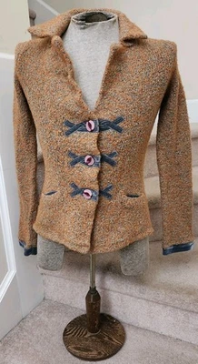 Anthropologie HWR Boucle Jacket Sweater Cardigan Velvet Trim Size S Orange/Grey - Image 1 of 4